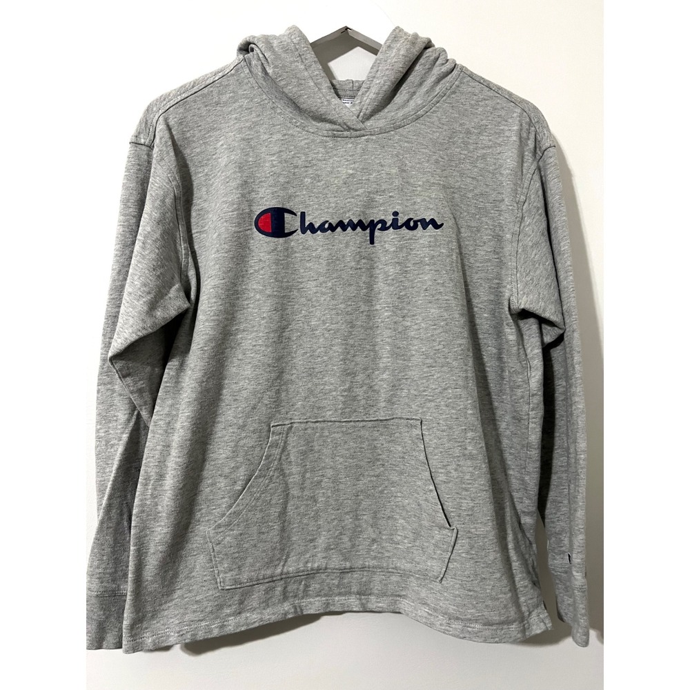 Champion Gray Logo Hoodie Sweatshirt Women Long Sleeve‎ Pullover Casual Size M